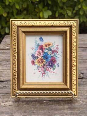 Vintage Barbara Mock Watercolor Print Mini Flower Bouquet Gold Framed 6.5”x 7.5”
